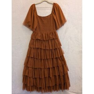 Beauville Tiered Tulle Maxi Dress Rust Brown Flutter Sleeve‎ Smocked Elegant S